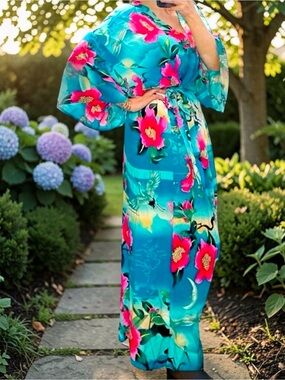 Maui Kaftan | 100% Viscose | Floor Length | 3/4 Sleeve | Teal Hibiscus & Crane